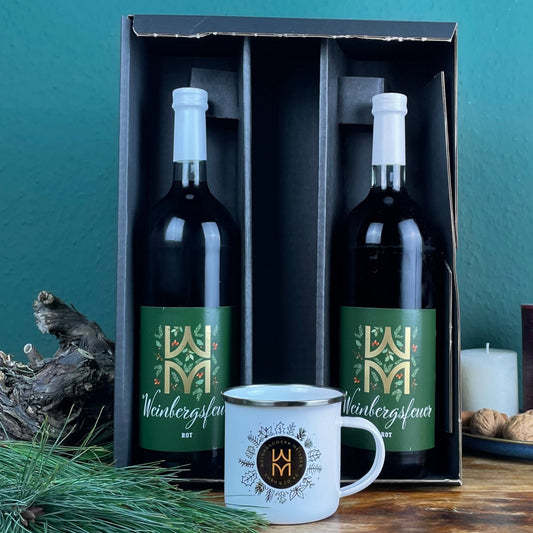 Geschenkbox: Weinbergsfeuer - 2x Weinbergsfeuer Rot +  Emaille Tasse