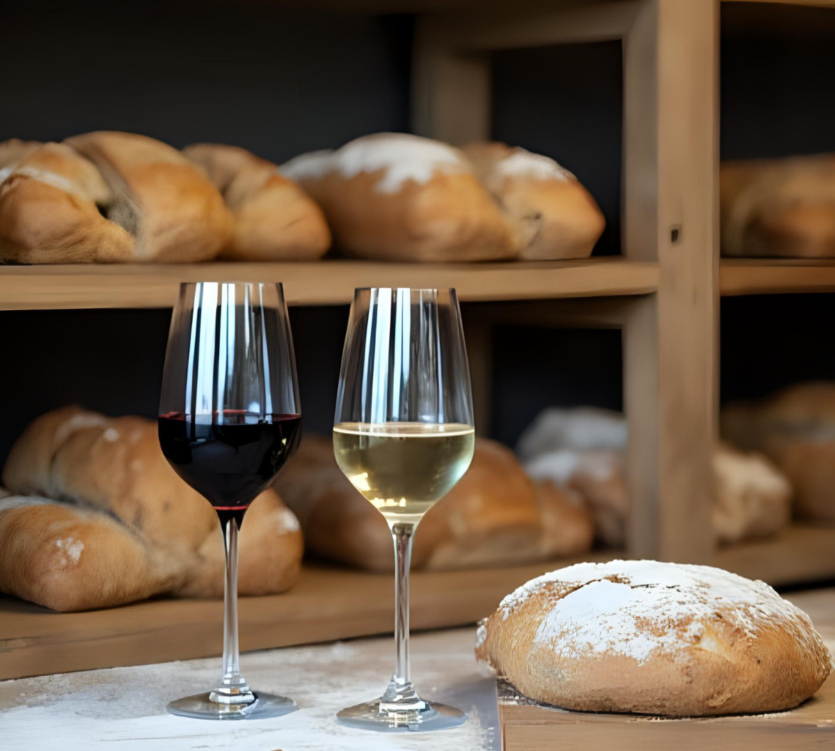 Brot & Wein Weintasting Event im Weinhandwerk Meißen mit zwei Gläsern Wein auf rustikalem Tresen neben verschiedenen Brotsorten von Brot & Aehre. Weinparing, Weinevent, Weinveranstaltung, Weinverkostung