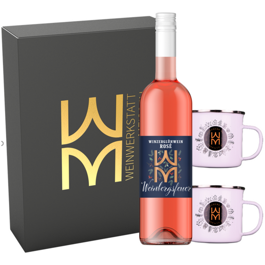Geschenkset Winzerglühwein Rosé + 2 Emaille Tassen in Geschenkverpackung